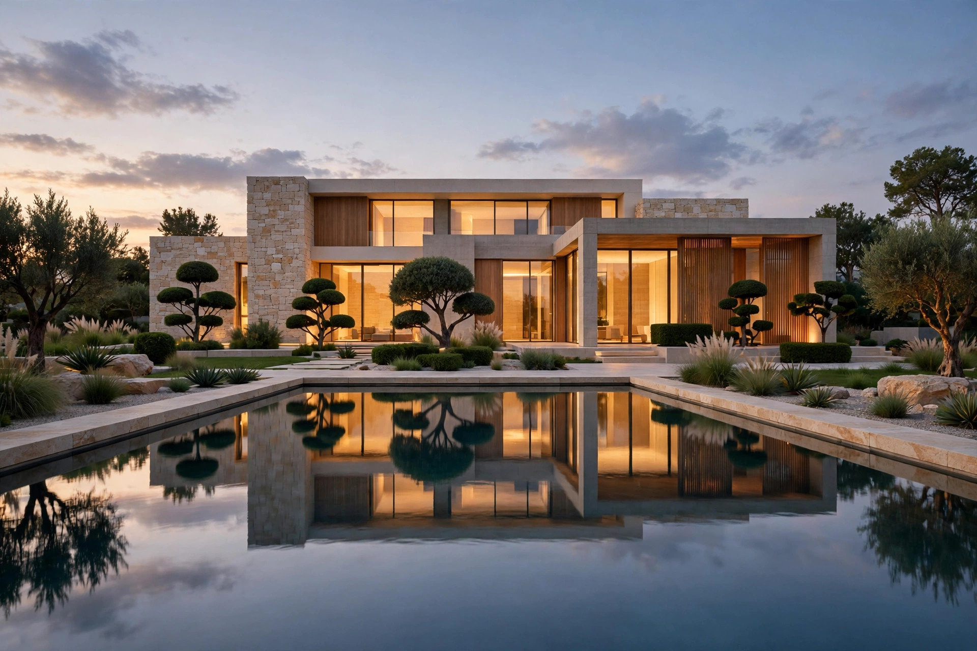 Mo Real Estate villa at dusk